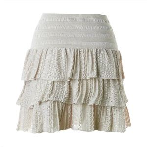 Maje Tiered Ruffle Sparkle Natural Metallic Crochet Mini Skirt, Size 3